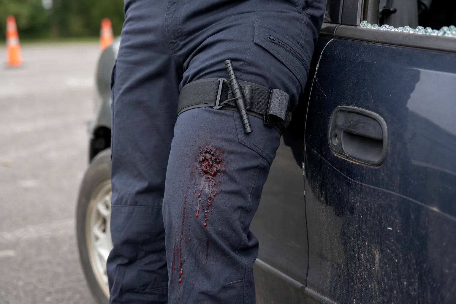 Gesimuleerde beenwonde met correct aangelegde tourniquet naast een auto